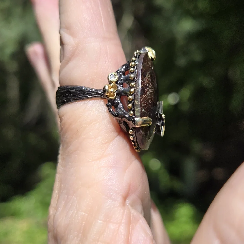 Chrysoprase 30k HUGE & Topaz sterling & gold ring sz7 - Picture 7 of 10